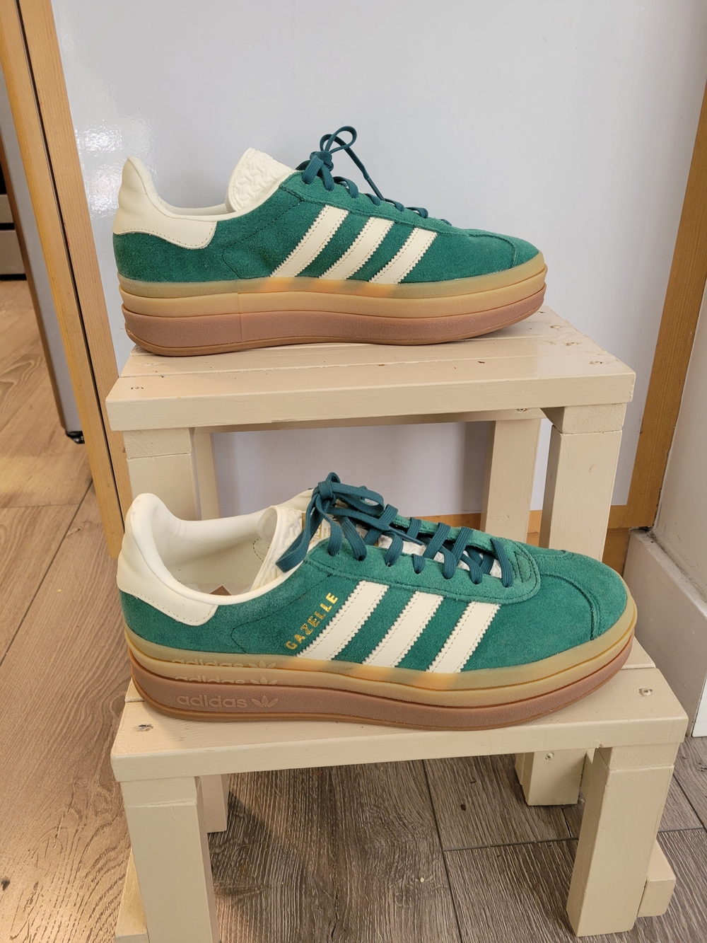 adidas Gazelle Platform Sneakers Green with Cream Stripes